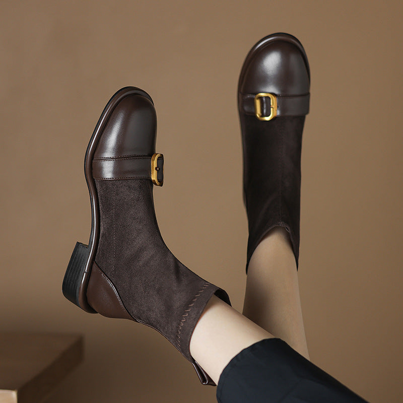 Casual Low Heel Martin Boots Belt Buckle Stitching Short Boots