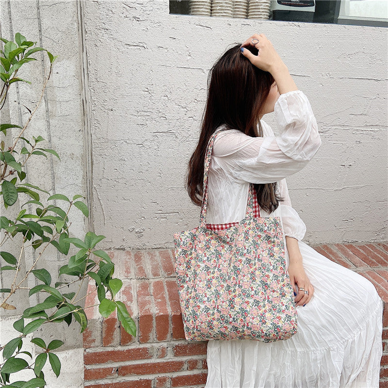 Women's Plaid Floral Stitching Canvas Bag