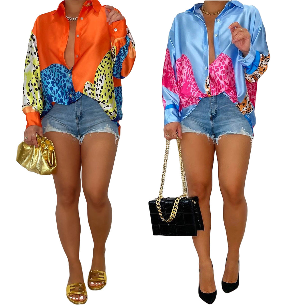 Spring And Summer Leopard Positioning Burning Button Shirt Dress