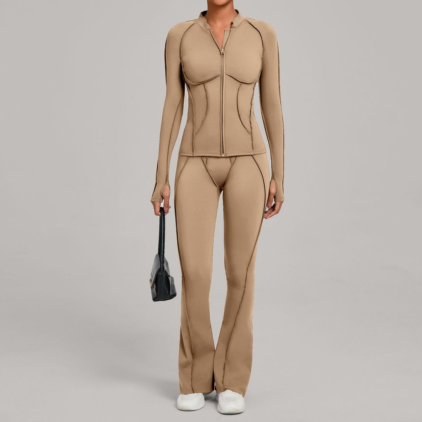Womens Patchwork Zip Up Long Sleeve Top And Pants Set