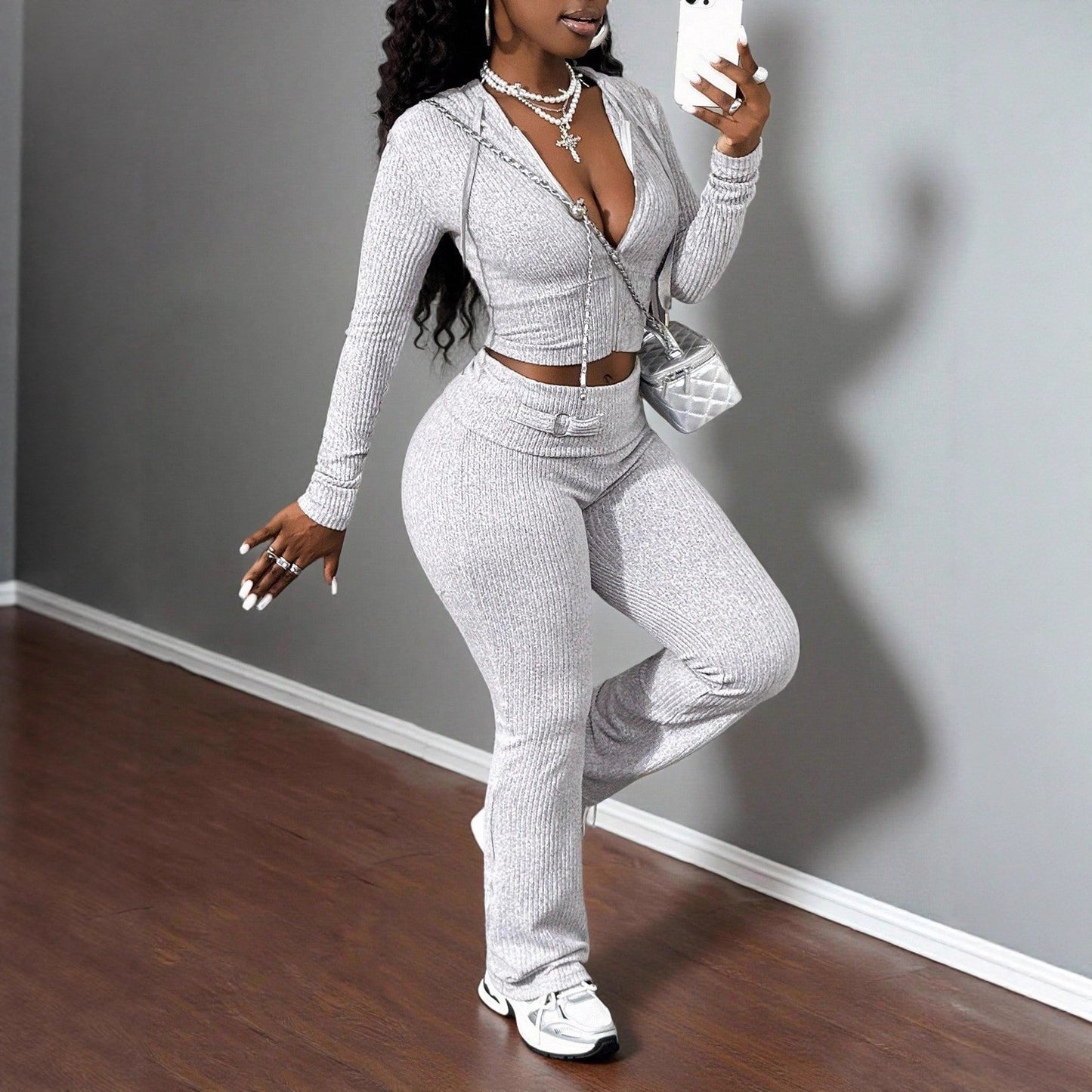 Knitted Ribbed Two-piece Full-length Pants Set