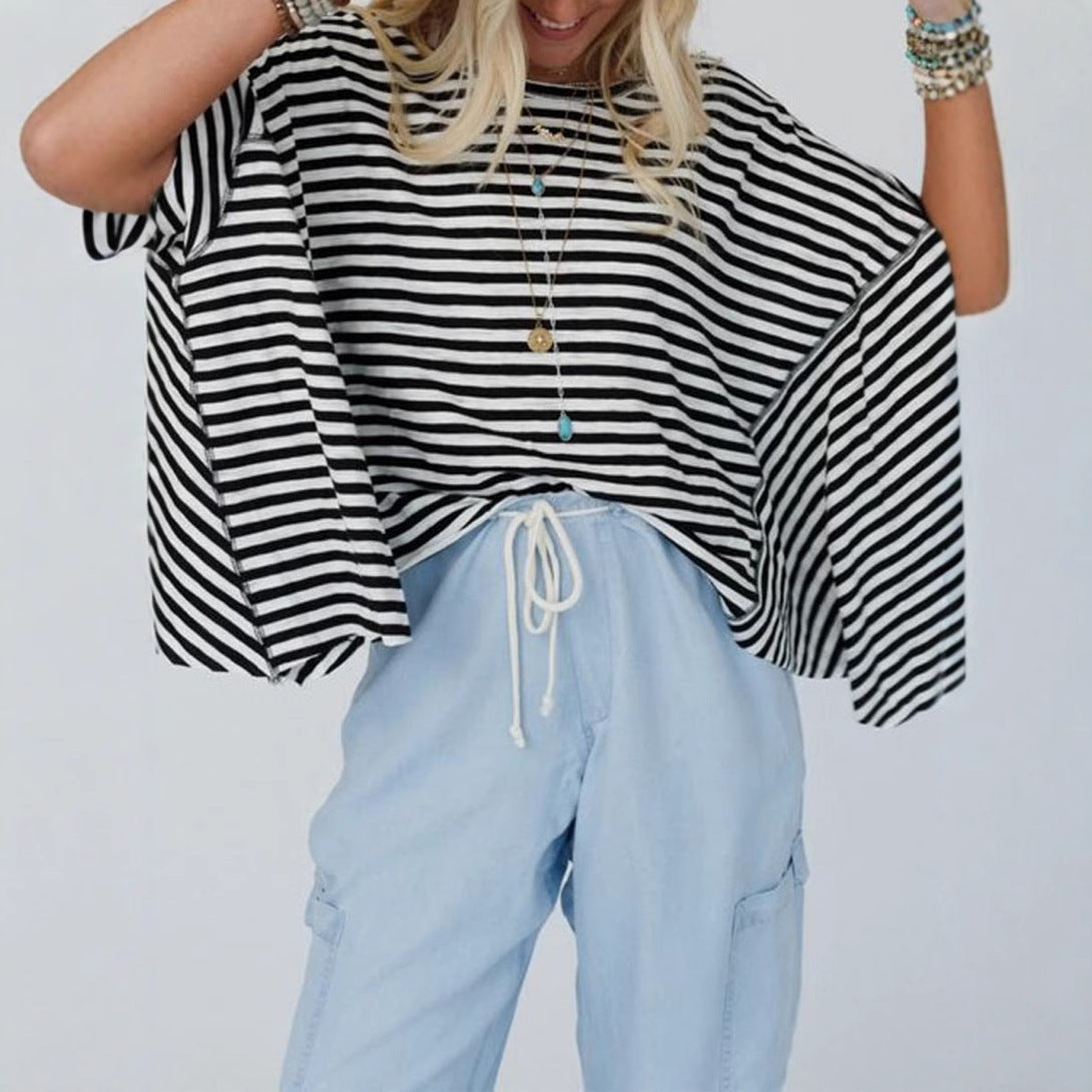 Round Neck Short Sleeve Pullover All-matching Striped Printed T-shirt