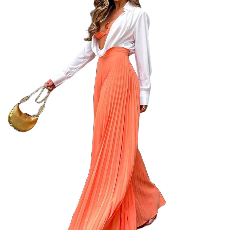 Polyester European And American Ladies Fashion Temperament Pleated Long Wide-leg Pants