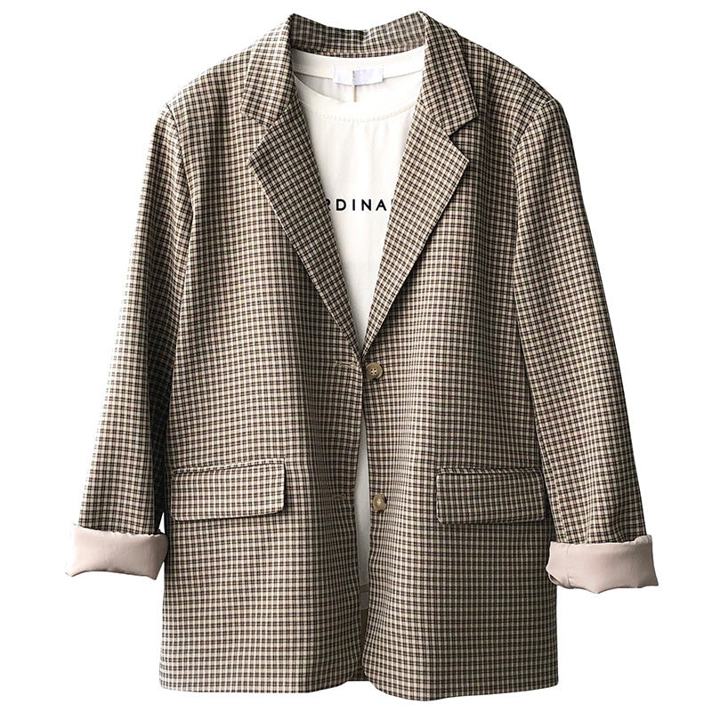Retro Loose Mid-length Plaid Suit Top