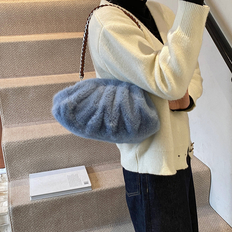 Faux Mink Fur Pleated Cloud Plush Shoulder Bag
