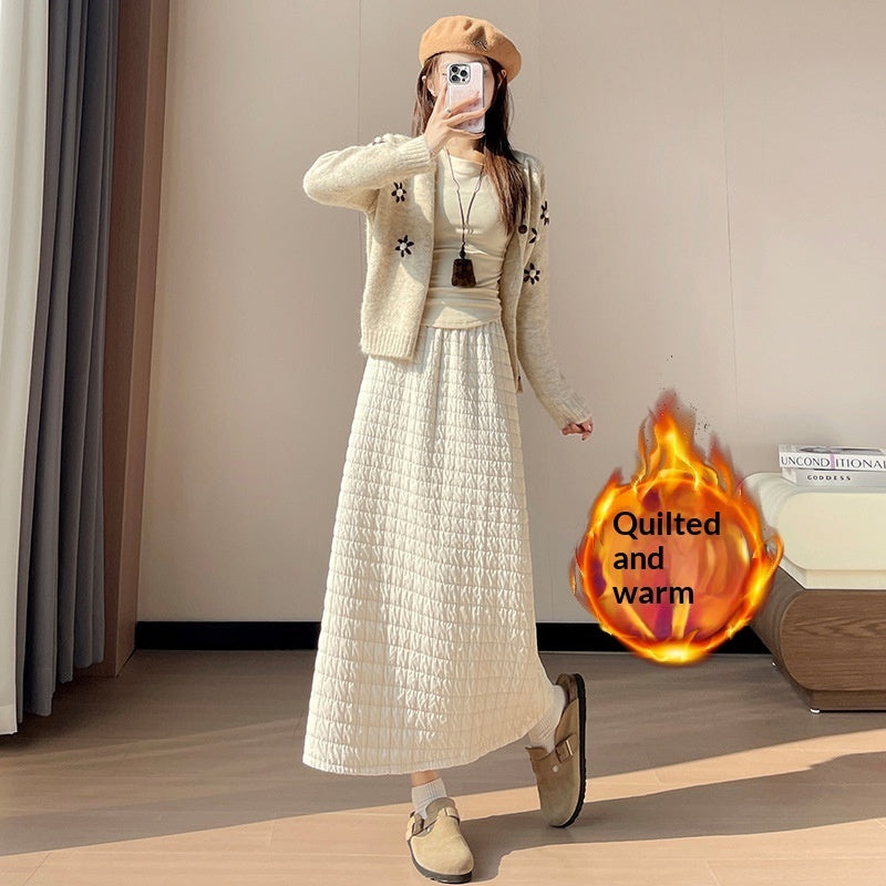 New FallWinter Plaid-Trimmed Denim Straight Skirt