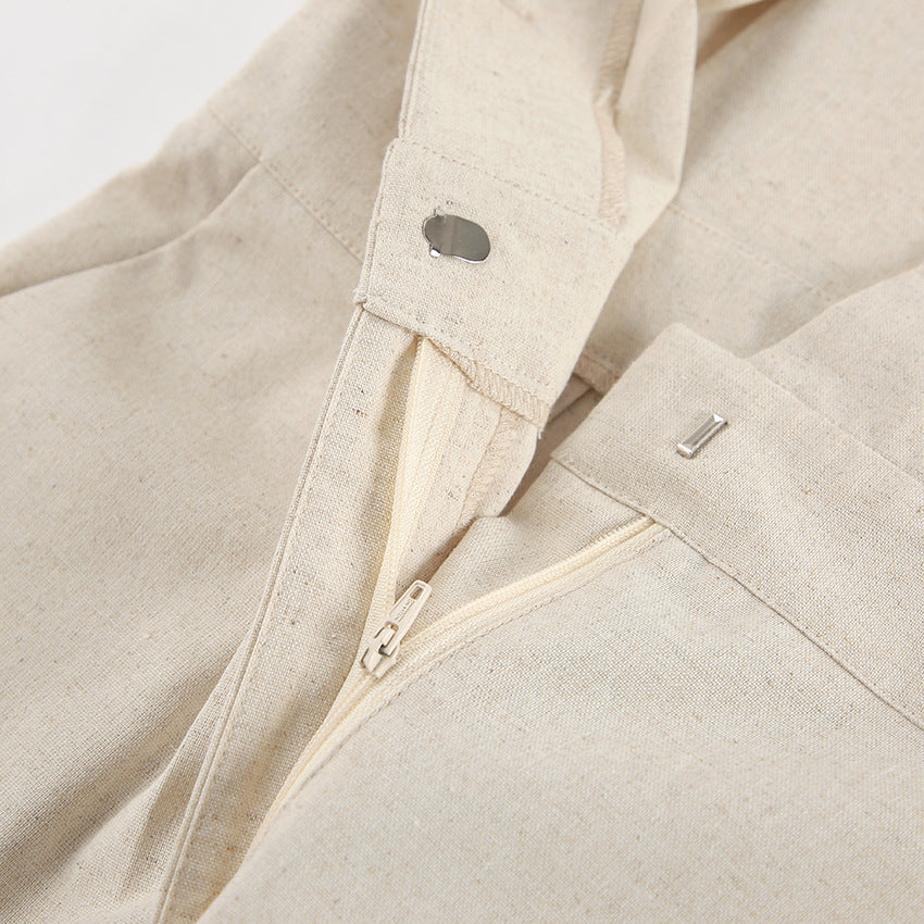 French Style Temperament Cotton And Linen Suit Collar High Waist Casual Jumpsuit
