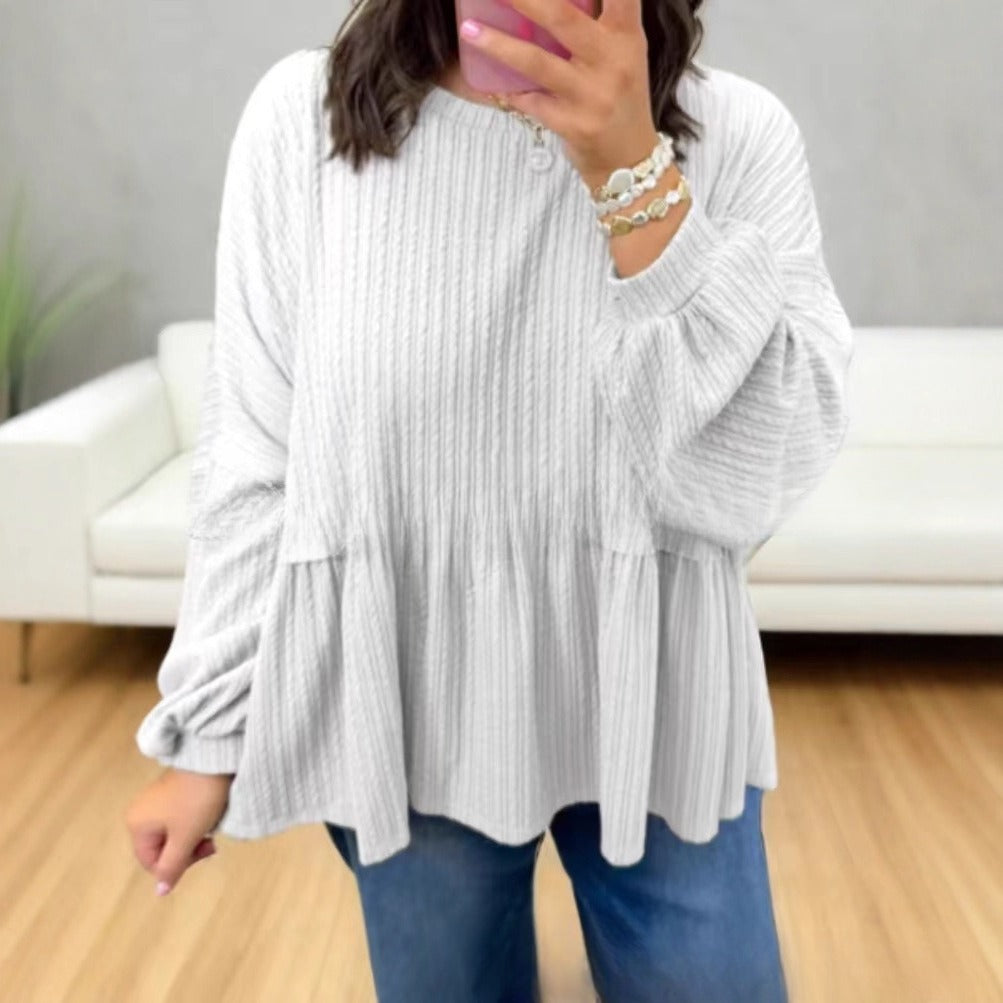 Sweet And Relaxed Solid-color Crew-neck Top With Minimalist Lantern Sleeves