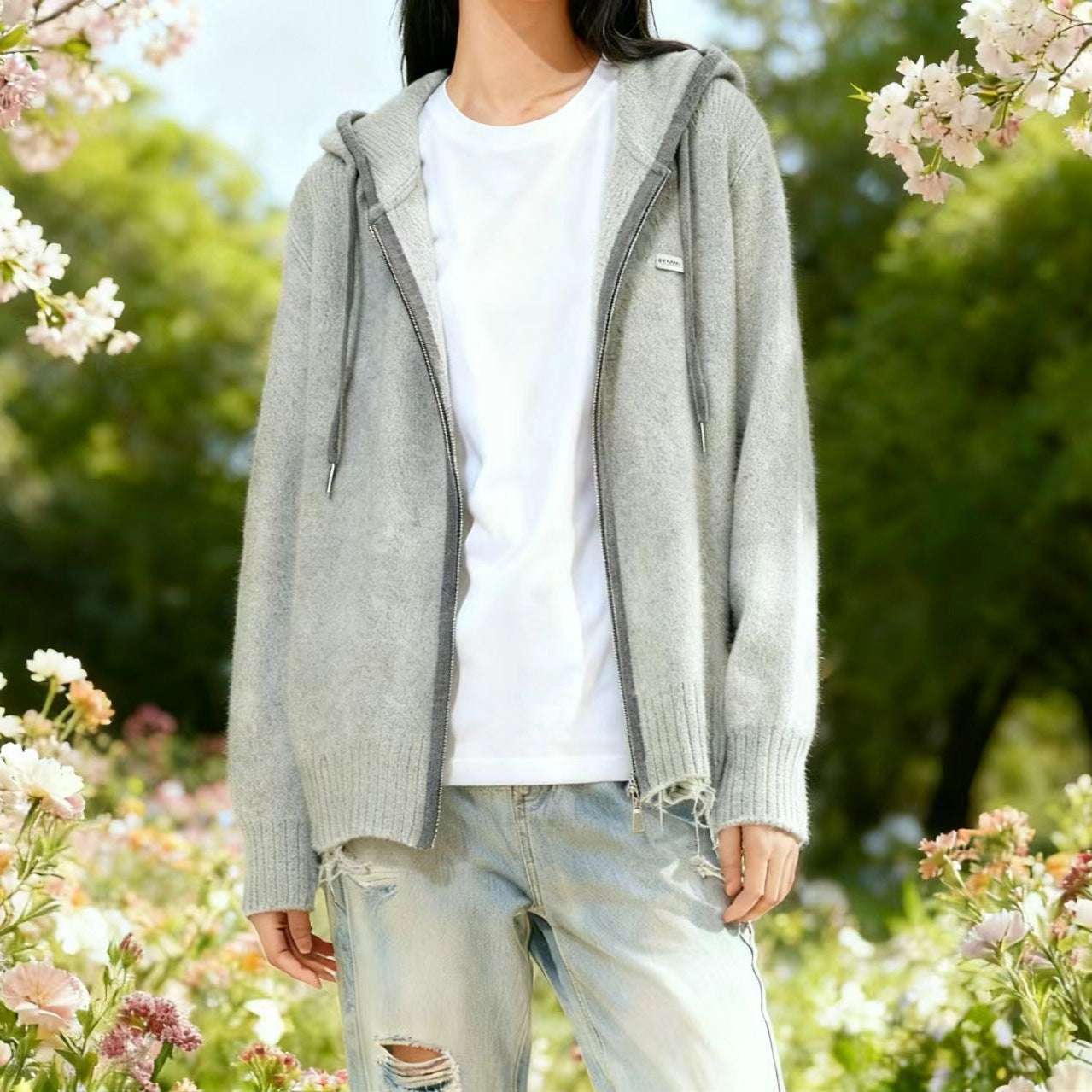 Zipper Hooded Idle Style Knitted Loose Slimming Soft Glutinous Sweater