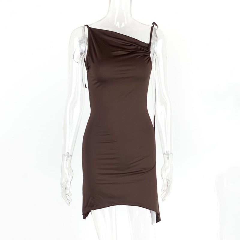 Irregularly Pleated Strap Cross-Neckline Dress