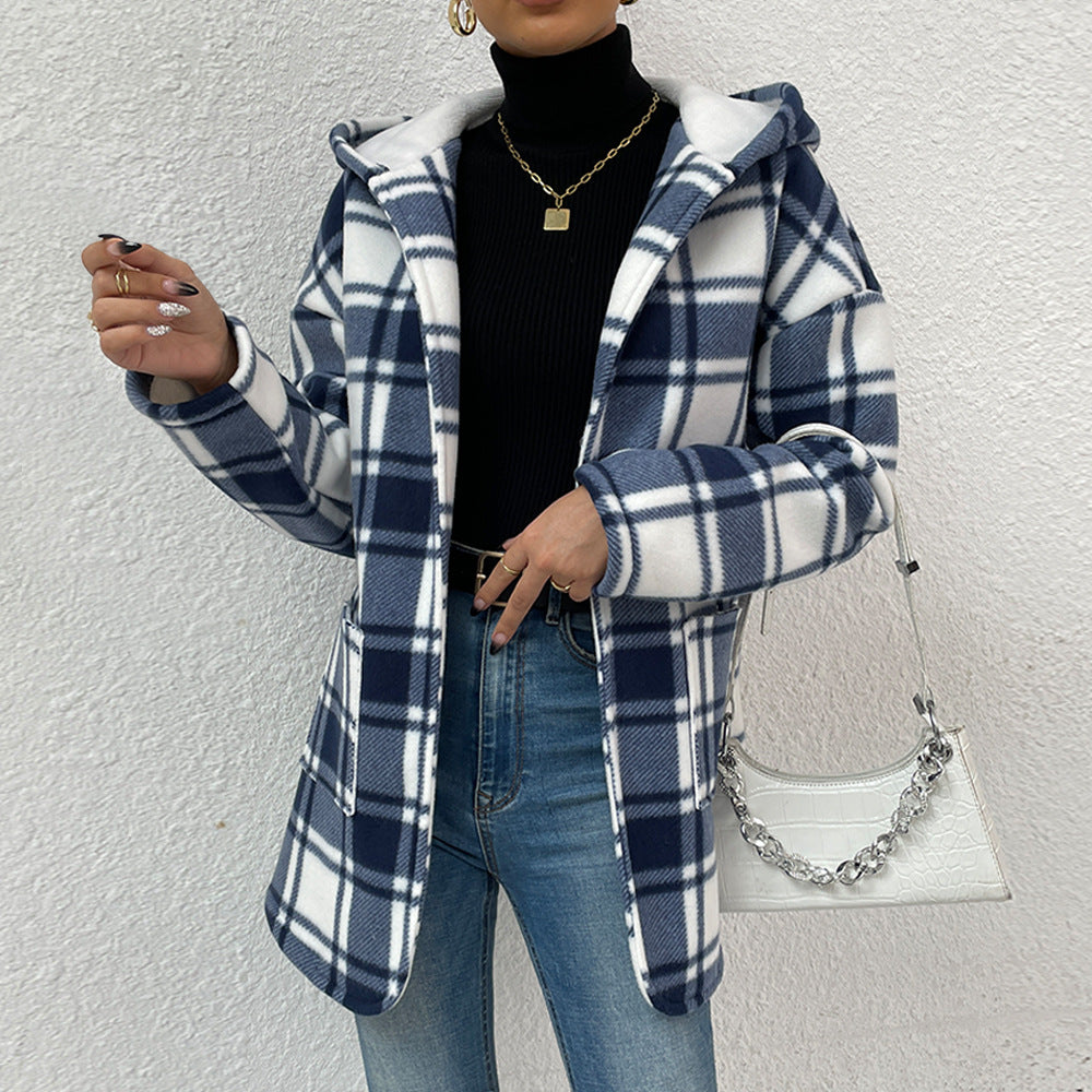 Women's Long Sleeve Hooded Plaid Cardigan Mid-length Blazer