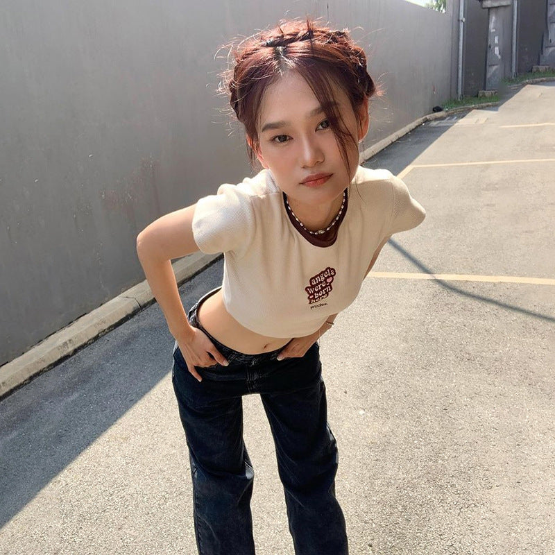 Fashion Letter Crew Neck Short-sleeved T-shirt For Women