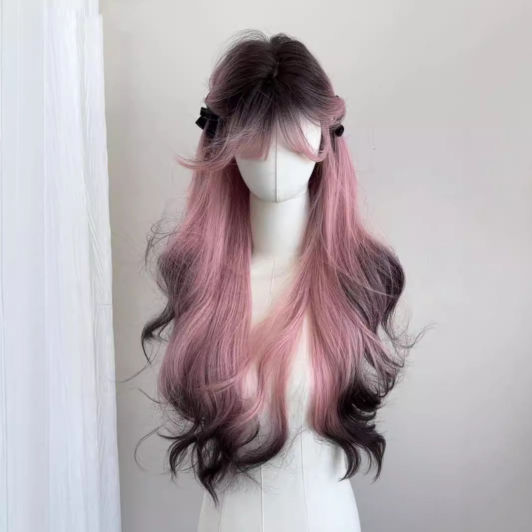 Female Gradient Black High Layered Simulation Long Curly Hair Full-head Wig