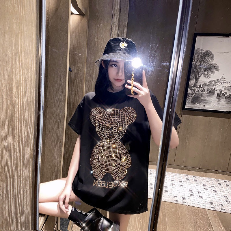 Gold Sparkling Hot Diamond Mid-length T-shirt Women