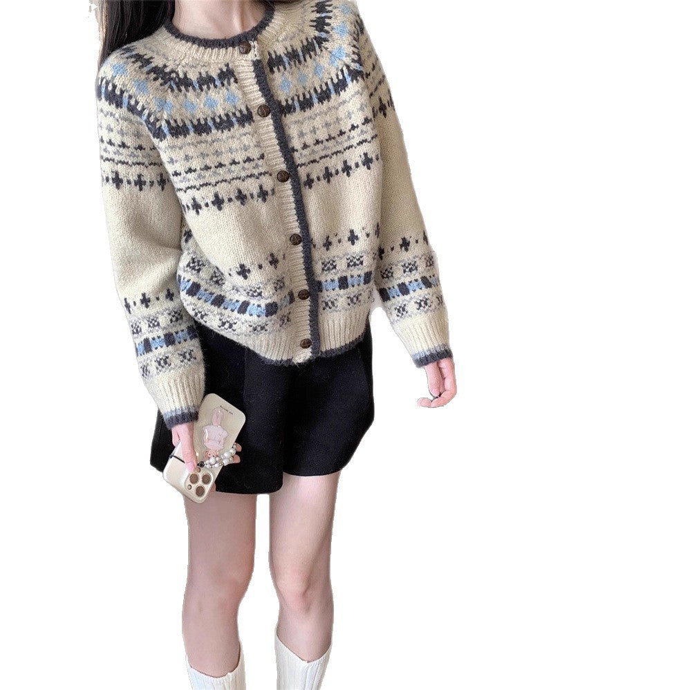 Autumn And Winter Women's Contrast Color Loose Fairisland Knitted Cardigan