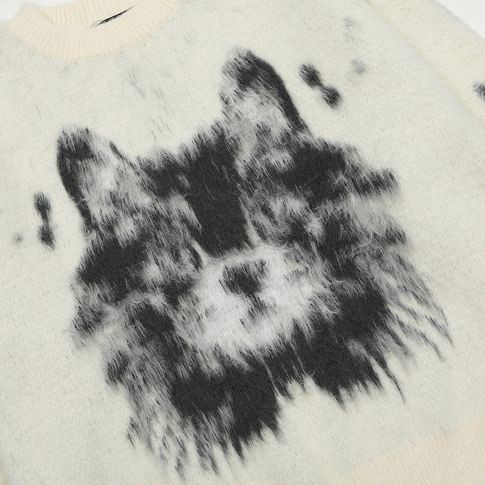 Animal Jacquard Brushed Round Neck Sweater Men's Loose
