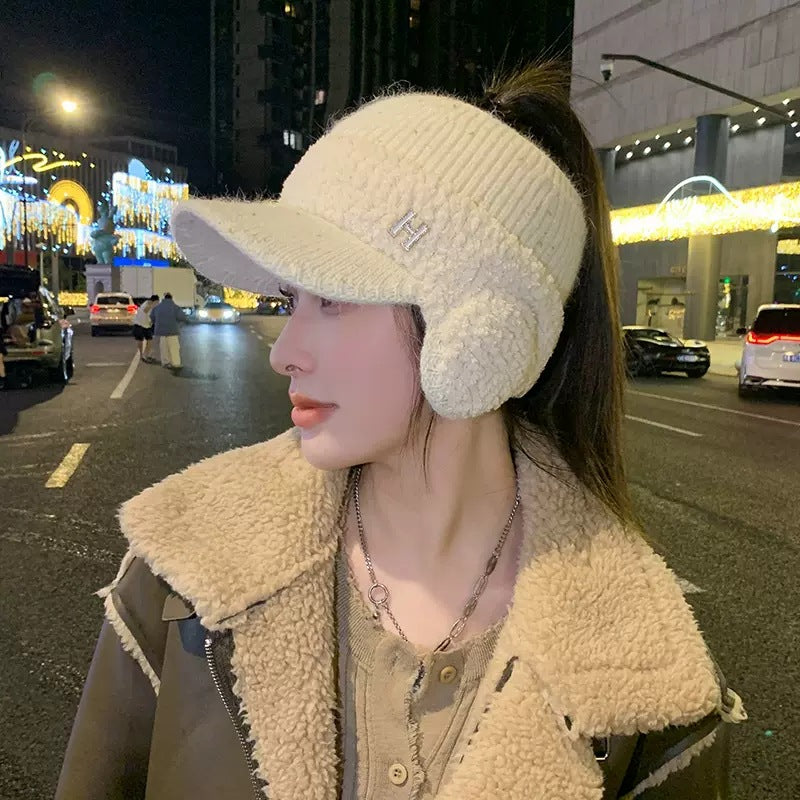 Knitted Ear Protection Duck Tongue Plus Velvet Empty Top Earmuffs Wool Hat Lady