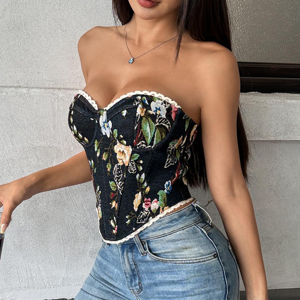 Women's Retro Floral Print Tube Top With Lace-up Front
