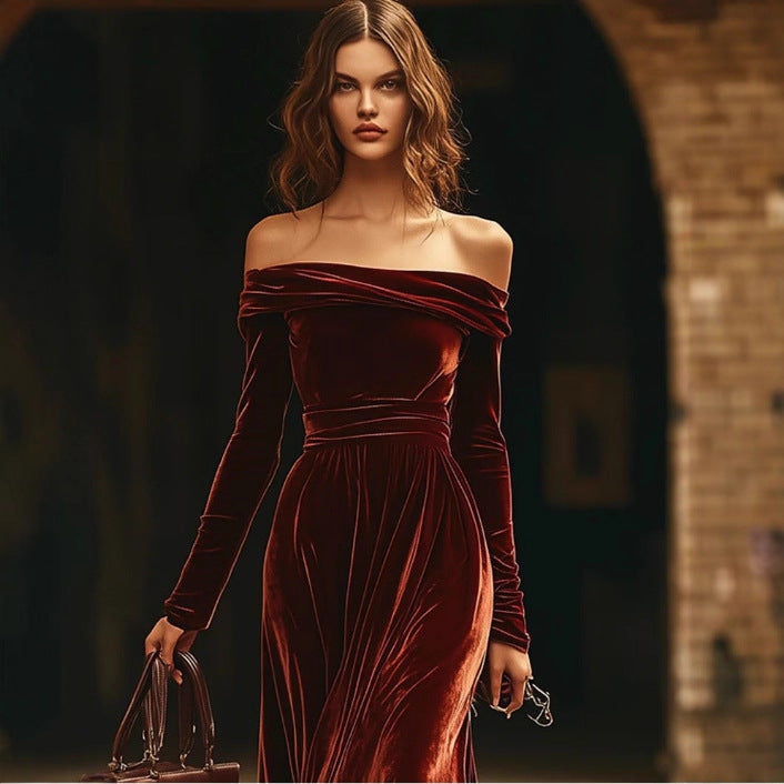 Stylish Off-shoulder Solid-color Velvet Midi Dress With Long Sleeves For Parties