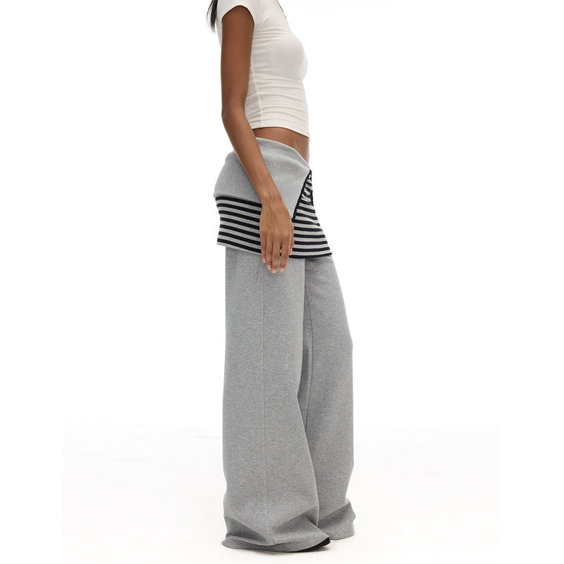 Adjustable Waist Gray Wide Leg Striped Skirt Profile Long Sports Pants Women