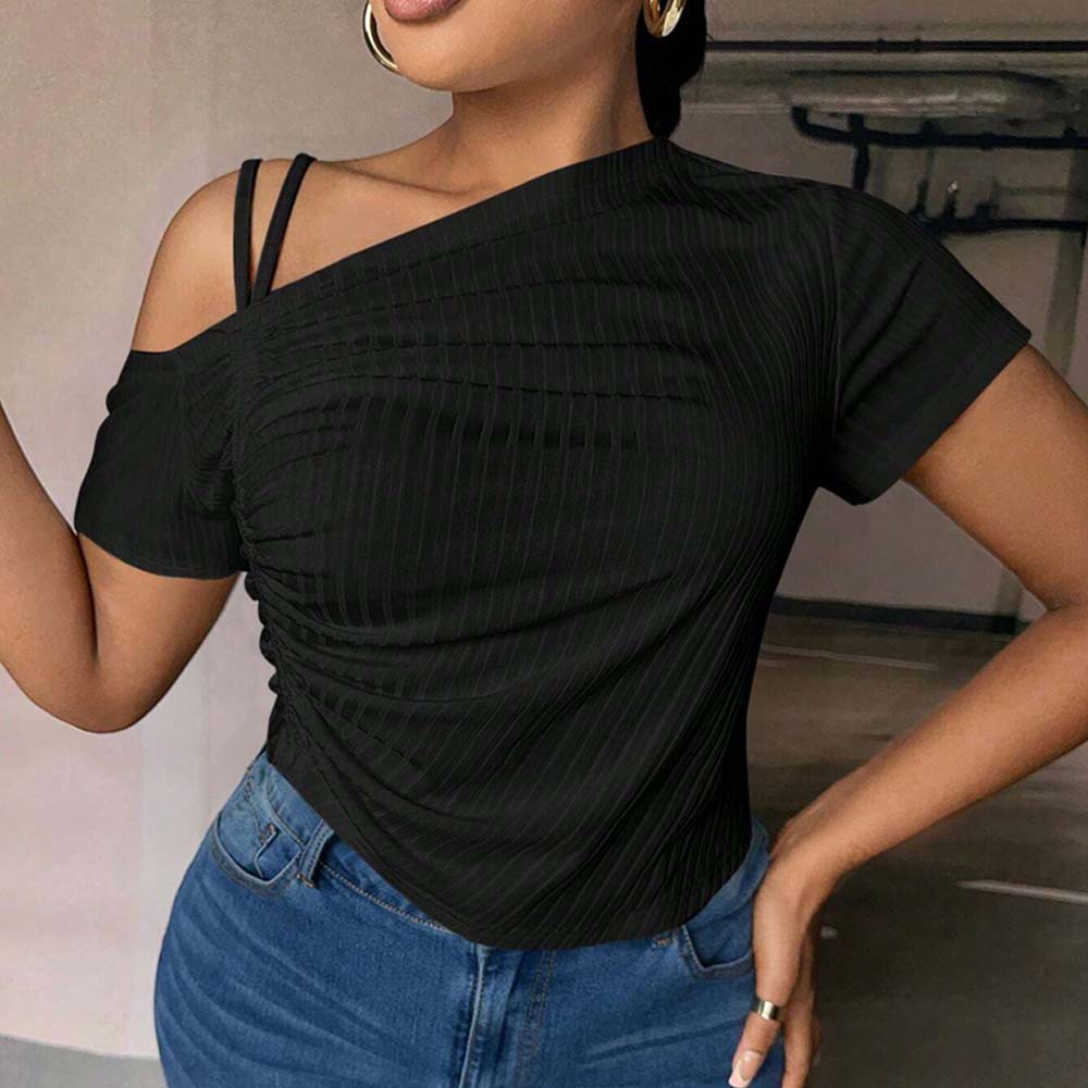 New Slim-fit Off-shoulder Diagonal Neckline Solid Color T-shirt