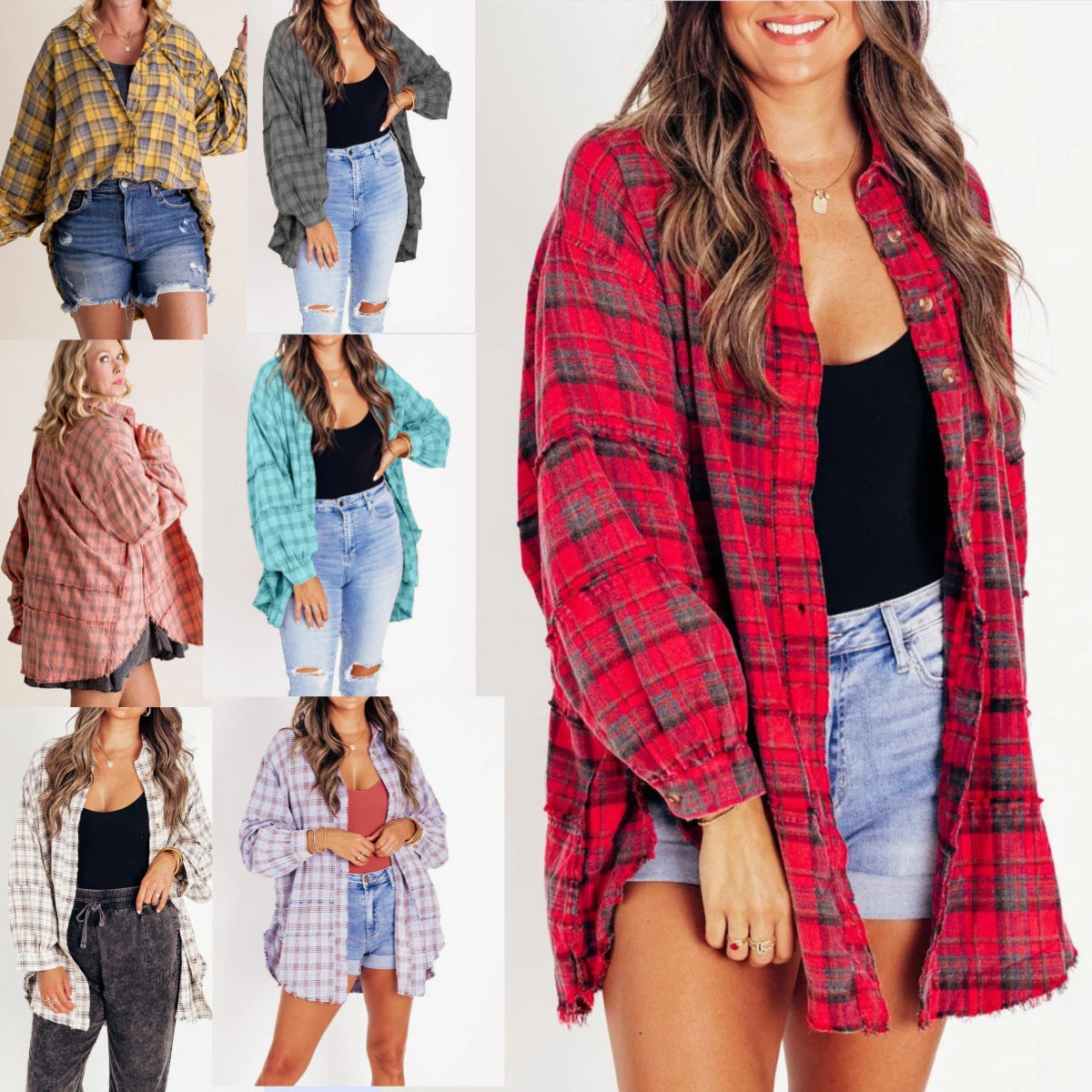 Tassel Long Sleeve Top Loose Casual Plaid Shirt Coat