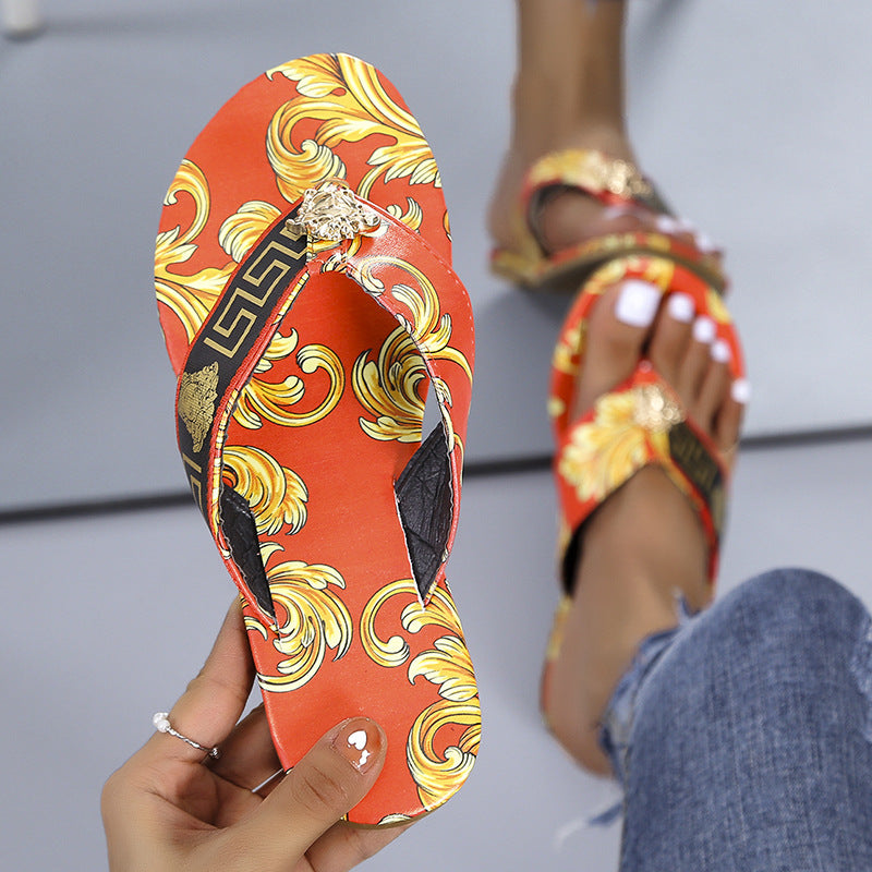 Women's Summer New Fashion Print Flip-flops Flat Slippers