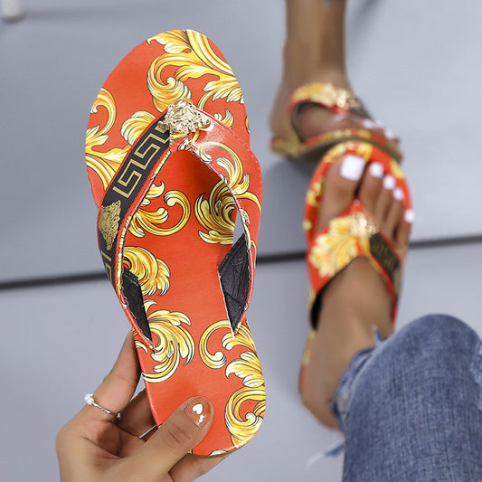 Women's Summer New Fashion Print Flip-flops Flat Slippers