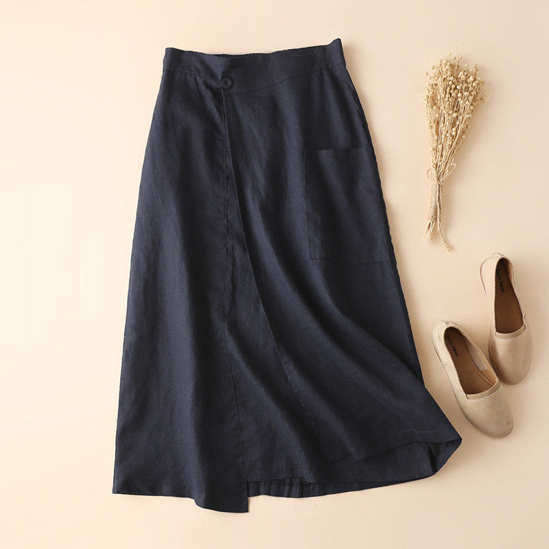 Women Elastic Waist Linen Knee-length A-line Skirt