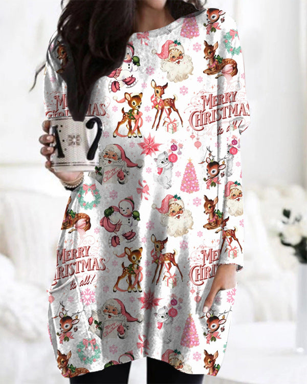 Printed Round Neck Long Sleeve Women's Bag Hip Dress