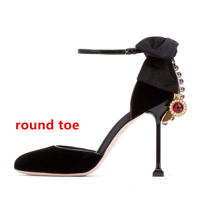 Women's Leather Stiletto Heel Rhinestone Bow High Heel Sandals