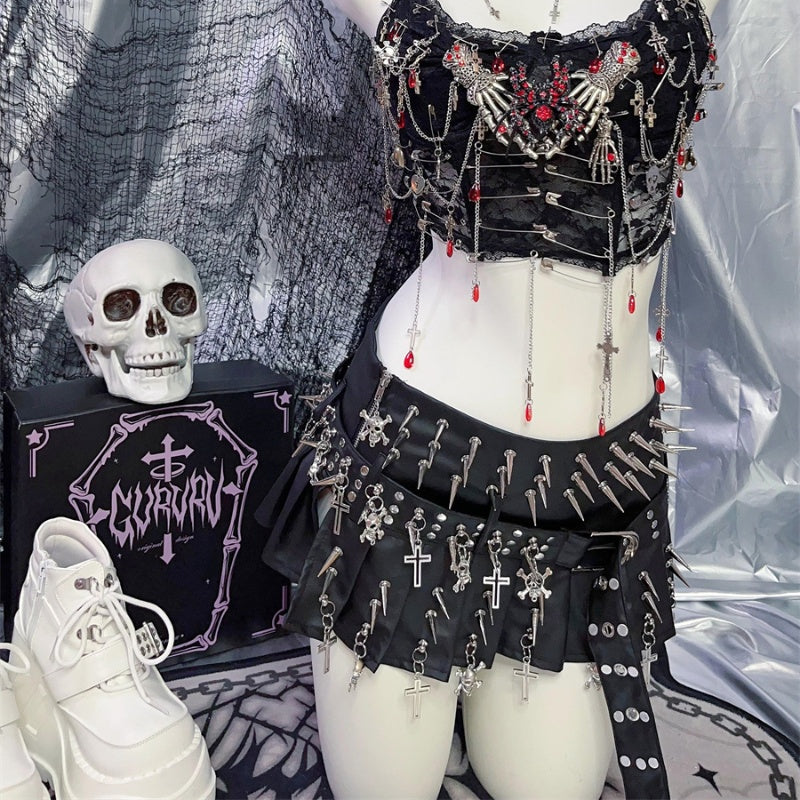 Rivet Skull Cross Punk Niche Street PU Leather Metal Pleated Skirt