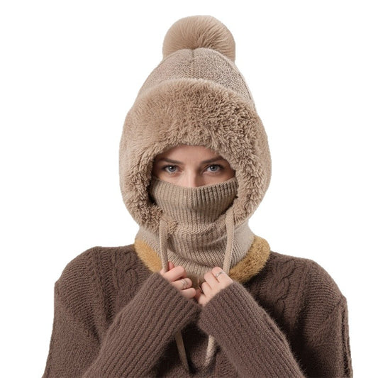 Scarf Integrated Knit Women's Fleece-lined Warm Hat