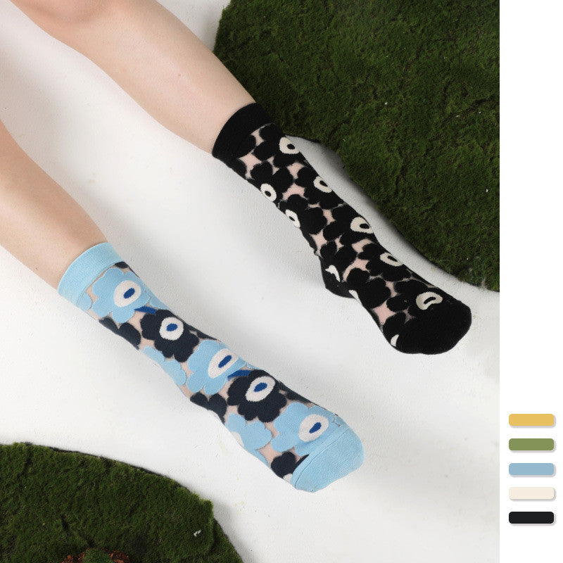 Transparent Silk Stockings, Breathable Big Flower Socks, Women's Tube Socks, Korean Version