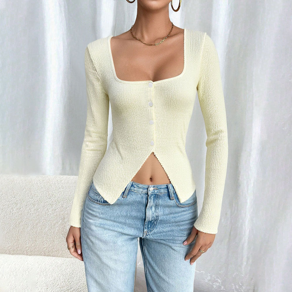 Sexy Mature Style T-shirt, Autumnwinter Cropped Short Design Long-sleeve Top