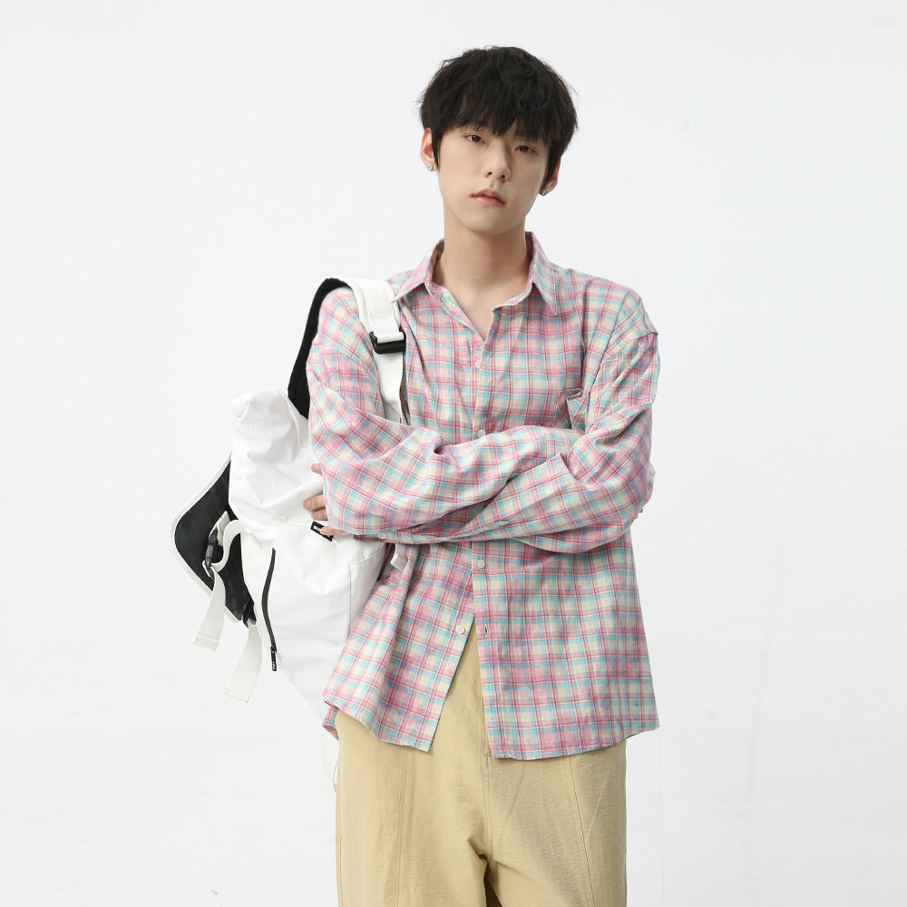 Men's Vintage Tie-dye Plaid Long-sleeved Shirt