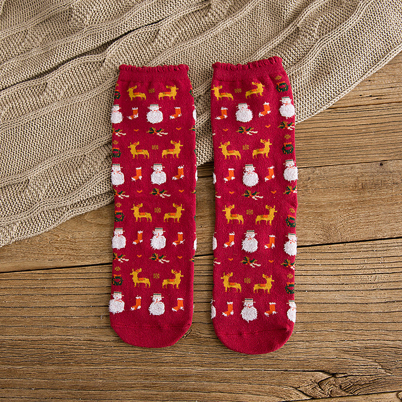Christmas Socks New Autumn And Winter Mid-calf Christmas Cartoon Elements Women's Socks Pack Of Three Pairs Casual Cotton Socks
