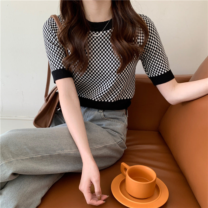 Womens Retro Plaid Color-Block Short-Sleeve Top