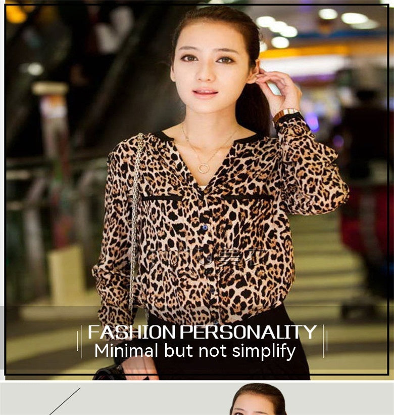 Casual Chiffon Shirt Women's Leopard Print Pattern Anti-DDoS Stand Collar Shirt