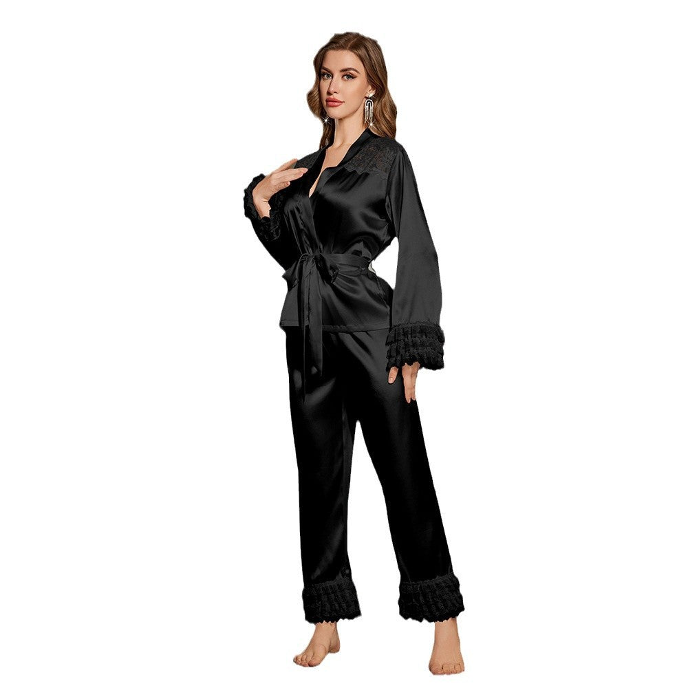 Lace Ice Silk Trim Cuff Long-Sleeve Pantsuit
