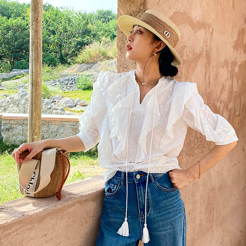 Puff Sleeve Small Top New French White Shirt