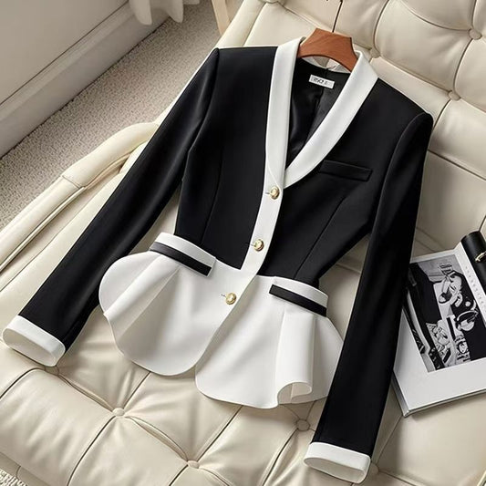 Classic Style Western Style Contrast Color Tight Waist V-neck Long Sleeve