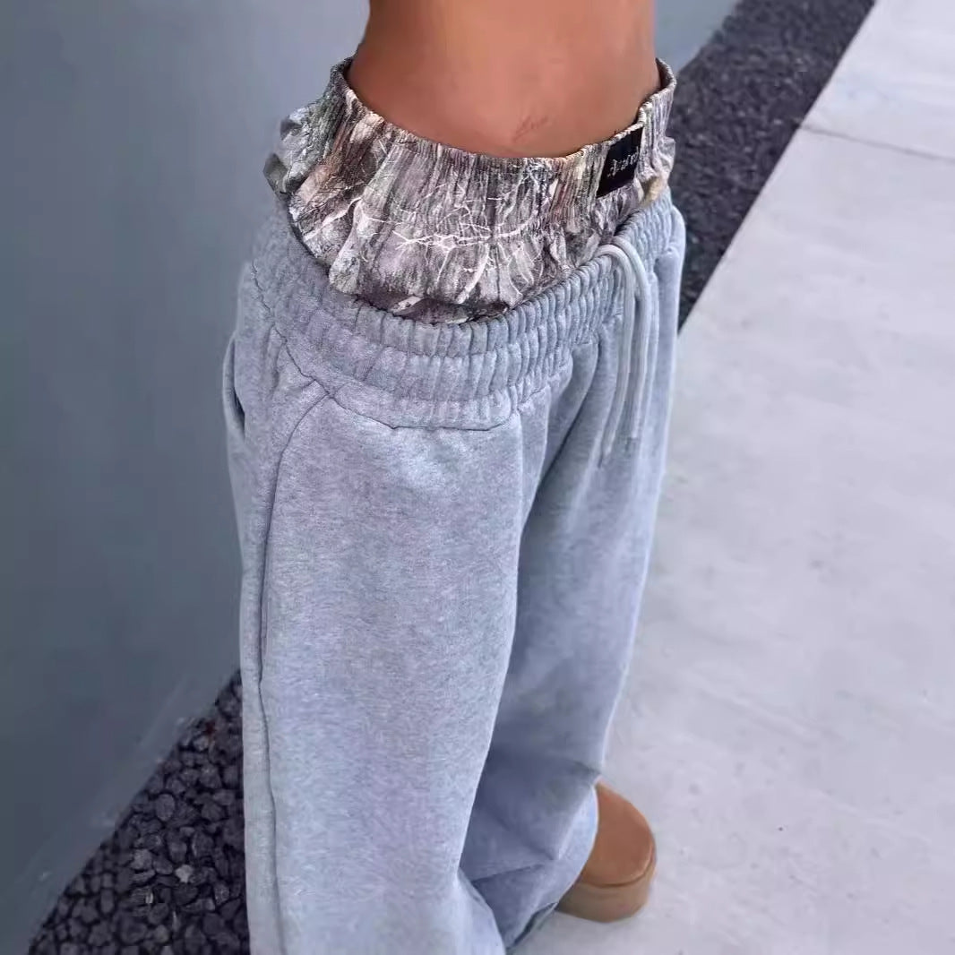 Embroidered Double Waist Casual Straight Pants