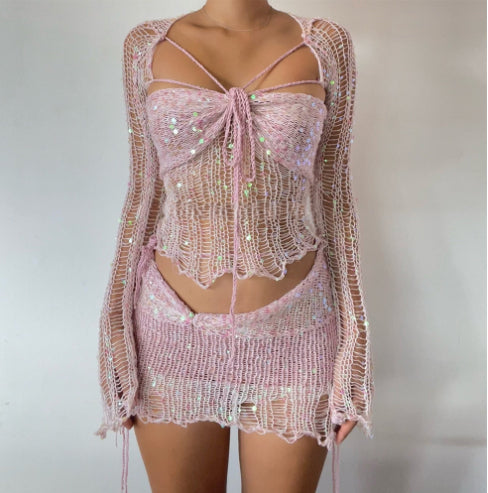 Fashion Sequin Embroidery Knitted Sweater Three-piece Set
