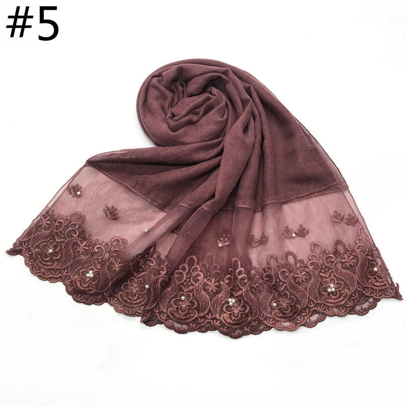 Cotton And Linen Solid Color Scarf, Two-end Lace, Set Pearl Toe Cap Scarf