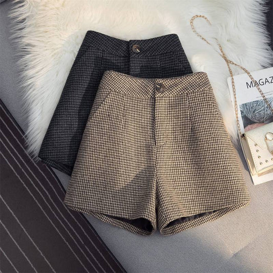 Women's Autumn And Winter Woolen High-waisted Wide-leg Houndstooth Shorts