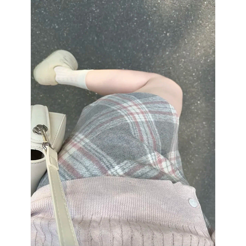 Womens High-Waisted Simple Wool Plaid Skirt