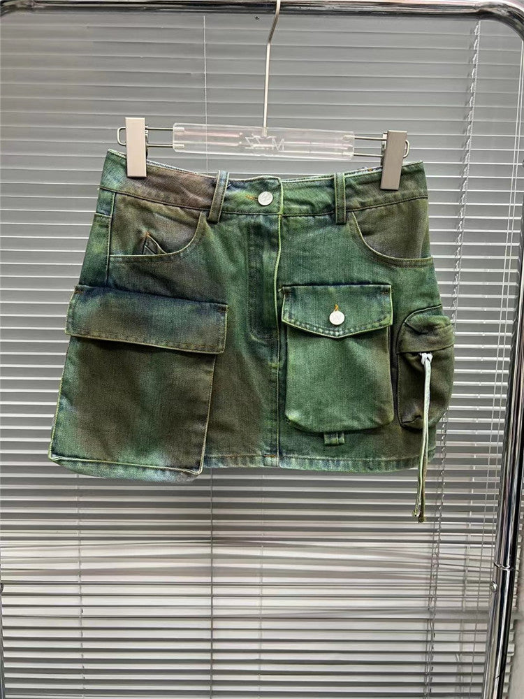 Summer Worn-out Heavy Industry Spray Painting Work Attire Slimming Denim Skirt