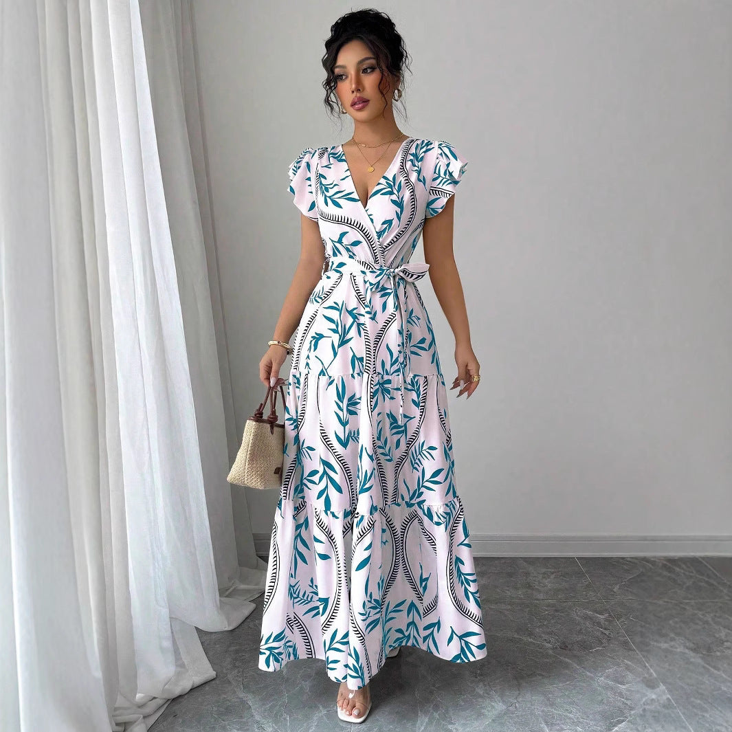 A-line Dress With Lace-up Details And Short Sleeves