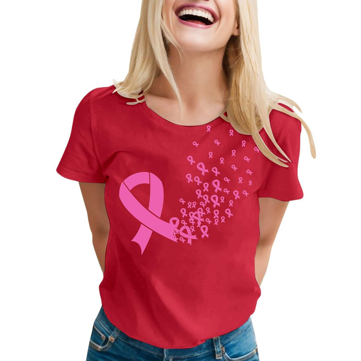 Women's Ribbon Printing Short Sleeve T-shirt Top
